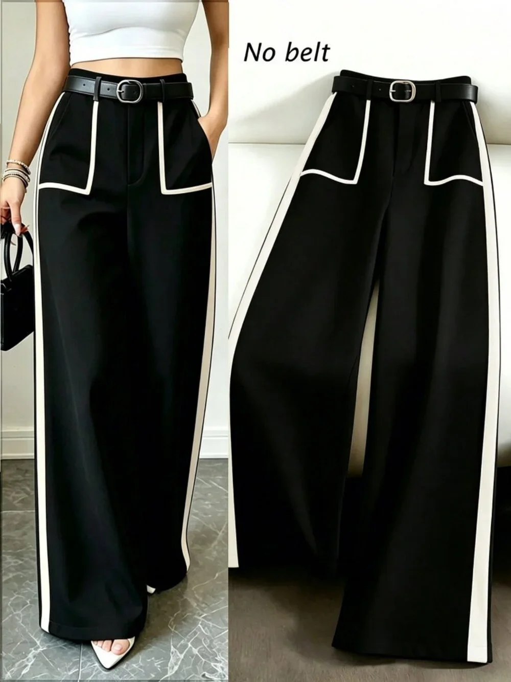 Black Elegant Women's Contrast Piping Elastic Waist Wide Leg Pants